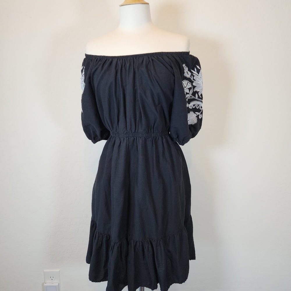 Womens‎ Off Shoulder Dress Embroidered Black Summer Casual Ruffle Hem Mini Dress